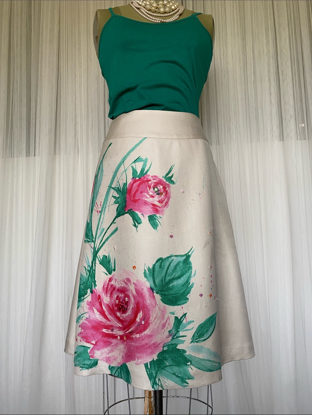 Hand-Painted 100% Silk Pink Rose A-Line Midi Skirt - Green & Pink Floral Size 12